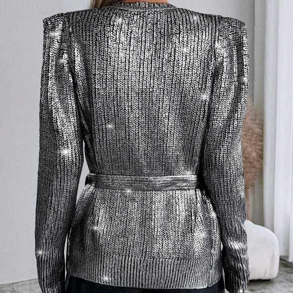 Women's stylish contemporary Silver Metallic Belted knit Cardigan - Picture 4 of 7